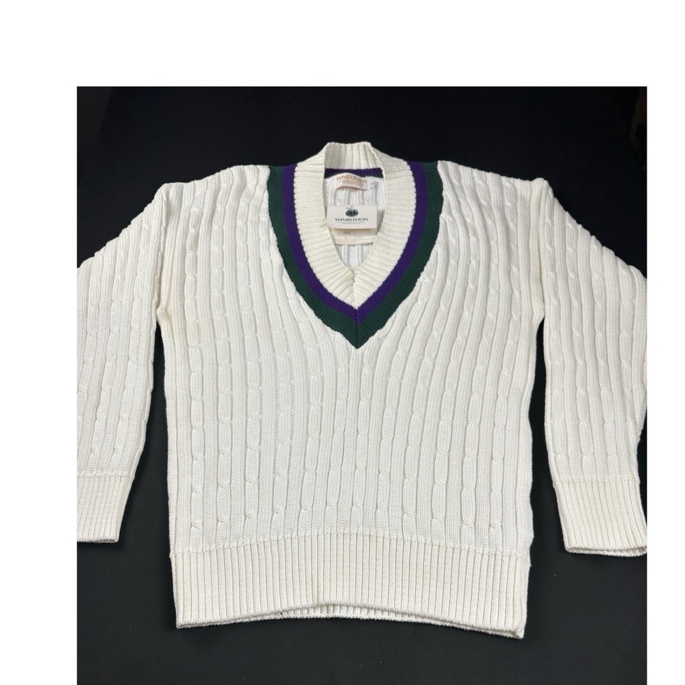NWT Official Wimbledon Tennis Sweater Cable Knit V-Neck Women's Large White